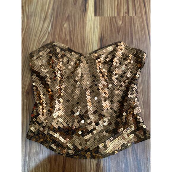 1990s OLEG CASSINI Gold/Bronze fully sequins strapless silk bustier top (L) - Picture 7 of 11